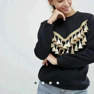 Glamorous Black Sweatshirt with Gold Fringe Tassels Size Xs